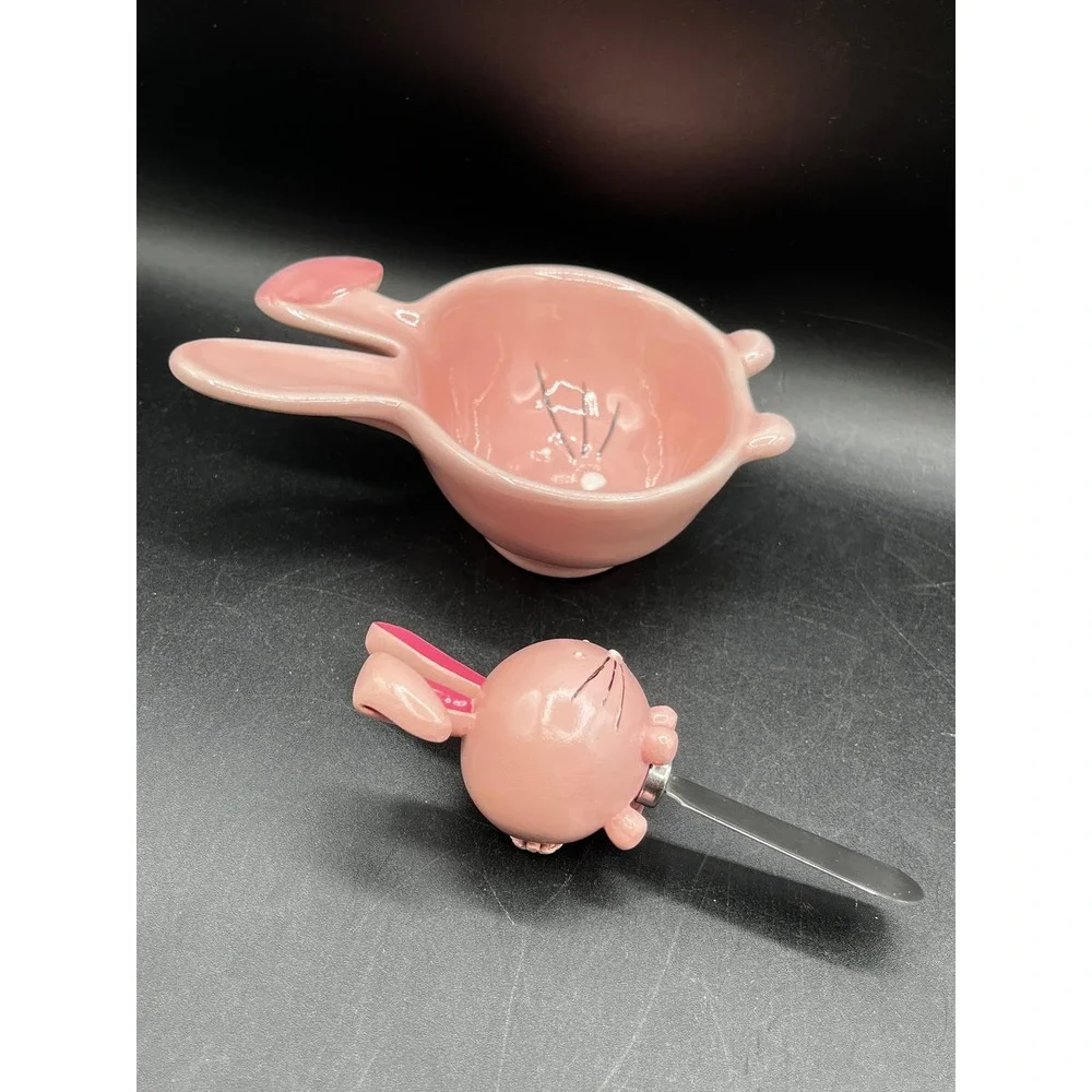Swoozie's Pink Ceramic Bunny Dip Bowl Spreader Set Easter Kitchenware Adorable!